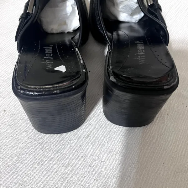 White Mountain Bretta Black Leather Mules Square Toe Buckle Chunky Heel Clogs 8M - Image 3