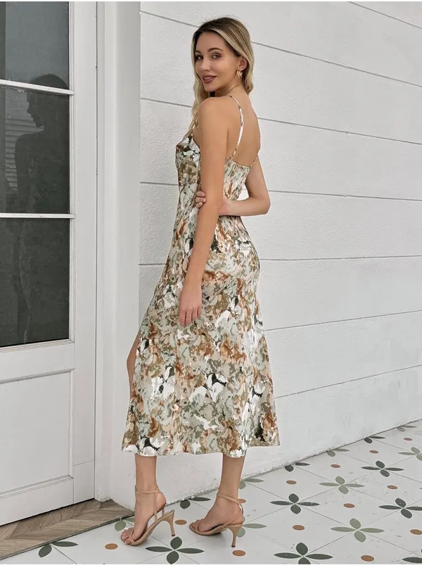 Satin Floral Cowl Neck Midi Dress - Image 2