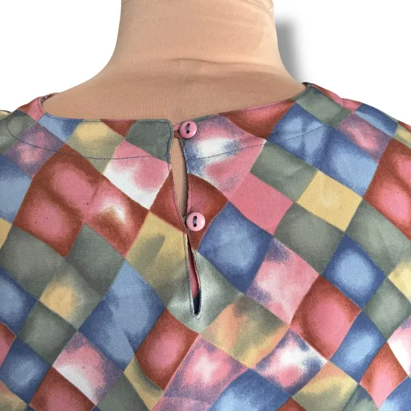 Vintage Blouse Harlequin Checkered Print Padded Shoulders Pastel Color‎ Diamond - Image 5