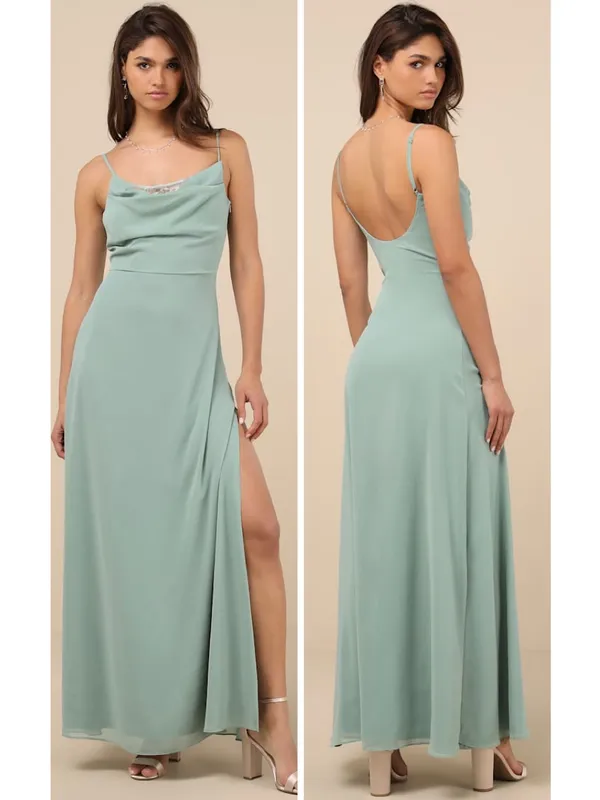Lulus Eliora Sage Green Lace Cowl Neck Chiffon Maxi Dress Size Small NWT Formal - Image 2