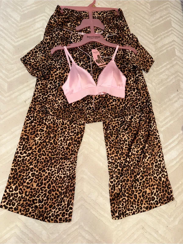 New! Women Juicy Couture Leopard Print Pajama Set with Pink Bralette. Small - Image 2
