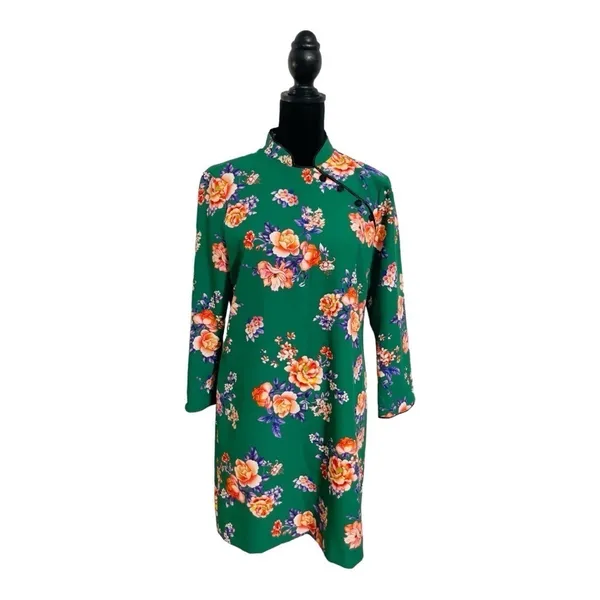 ZARA WOMAN Cheongsam Mini Dress Mandarin Collar Green Floral Size Small - Image 3