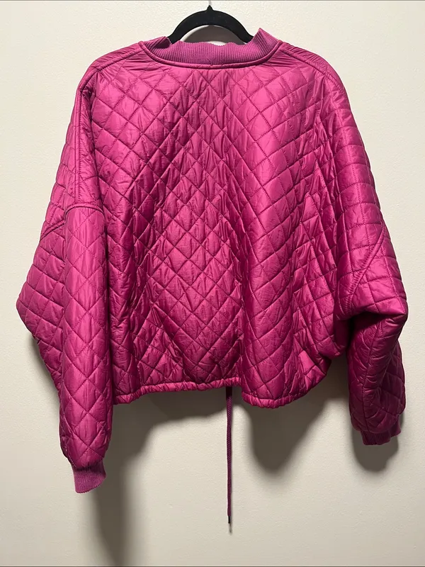FREE PEOPLE Easy Quilted Bomber Jacket Pink Fuchsia Cropped Zip, Size M - Image 7