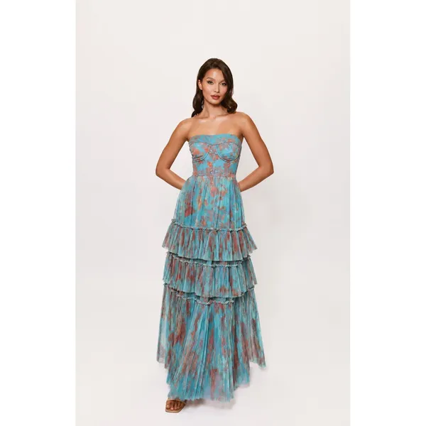 Hutch Isabella Gown Sz 2 NWT Romantic Vining Painted Floral Tulle Blue/Copper - Image 2