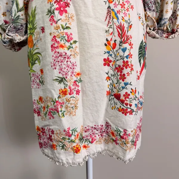 Farm Rio Tropical Floral Lace Mini Dress Puff Sleeve Square Neck Linen Small - Image 11