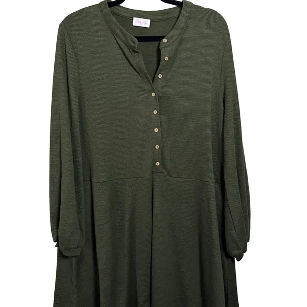 Pink Lily Olive‎ Green Waffle Knit Button Neck Swing Dress Size L - Image 4