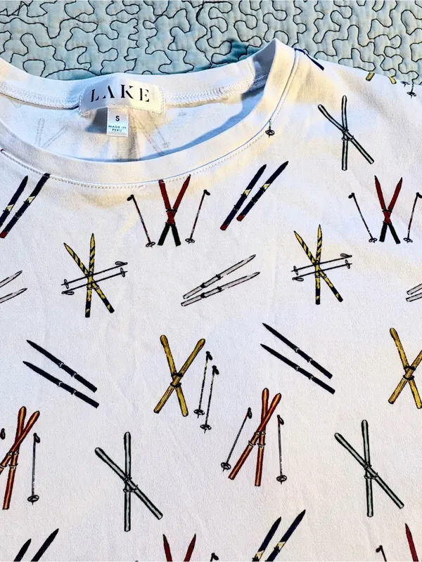 💥LAKE Pajamas Pima Cotton Long Sleeve Ski Print Pajama Top (ONLY) White Sz S💛 - Image 8
