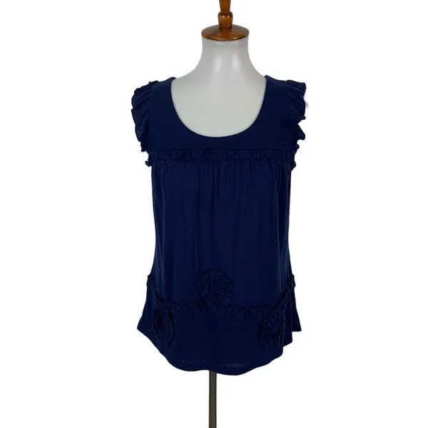 Anthropologie Little Yellow Dot Top Small Blue Short Sleeve Boho Chic - Image 2