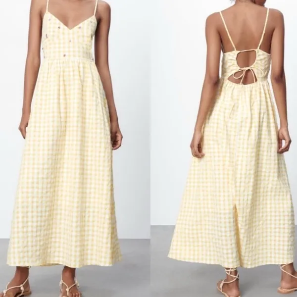 NWT ZARA Gingham Dress Yellow White XXLarge Beaded Open Back - Image 2