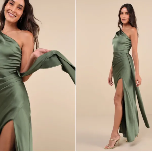 LULU's Sexy Prom Wedding Bridesmaid Elegant Satin One Shoulder Elegant Gown - Image 3