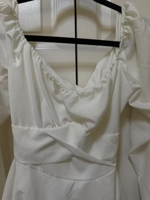 White Puff Sleeve Cutout Tie-Back Ruffle Mini Dress Small - Image 5