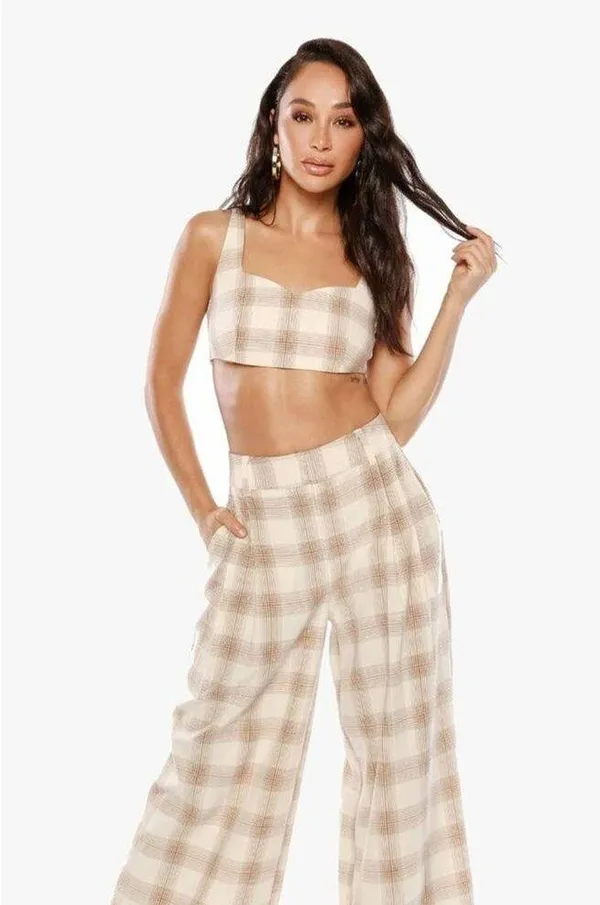 Cara Santana - Gingham Wide Pants and Top Set in Brown and Cream - Image 5