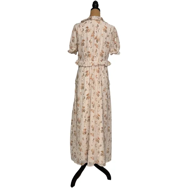 Storia Floral Ruffle‎ Maxi Dress Cream Pink Dobby Puff Sleeve Large NWT - Image 5