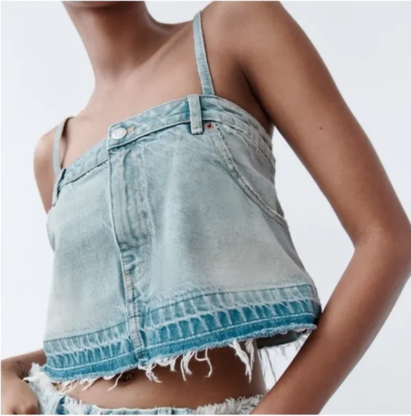 ZARA Blue Wash Denim Jean Cropped Pants Tube Tank Top Spaghetti Strap Distressed - Image 3