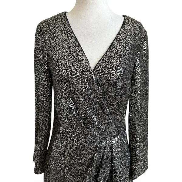 Eliza J Womens 10 Sequin V Neck Long Sleeve Cocktail Dress Black Gold | 24-11 - Image 3