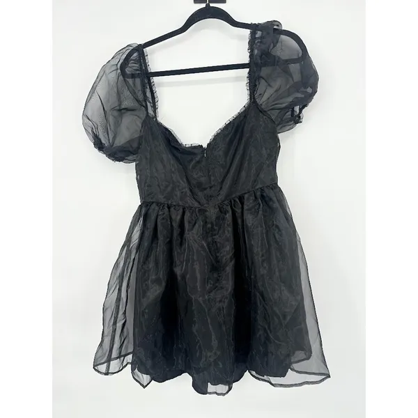 Widow Dolls Kill Black Babydoll Mini Dress Puff Sleeves Organza Large Goth Vamp‎ - Image 3