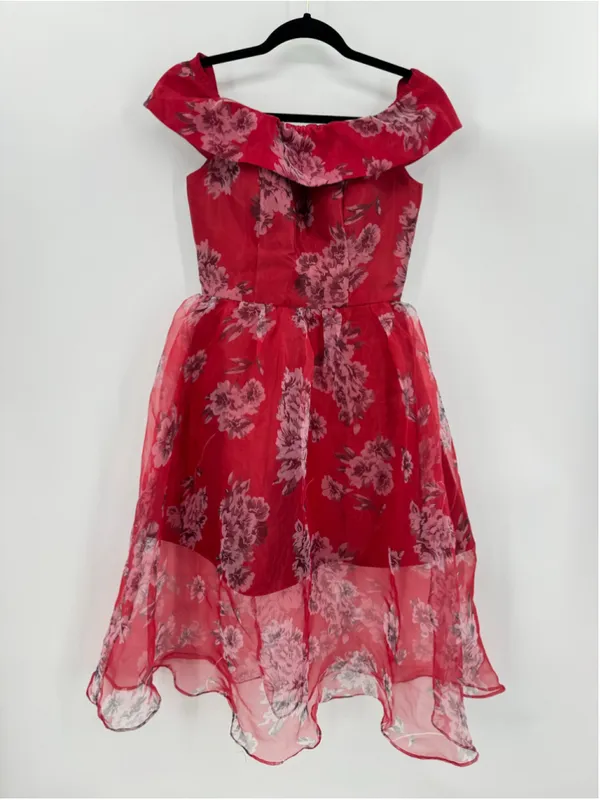 Chi Chi Red Dress Gray Floral Mini Skirt Midi Sheer Overlay Off Shoulder Size 4 - Image 8