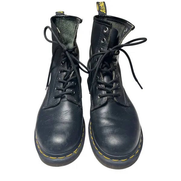 Dr Martens 1460 Combat Boots Black Leather Yellow‎ Stitch Lace Up Women 7 - Image 2