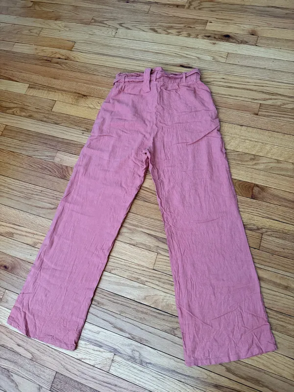 Thread & Supply Linen Pleated Belt Paperbag High Waist Wide Trousers Sz L Rose Pink crinkle texture tie waistband ruffled flowy coastal - Image 4
