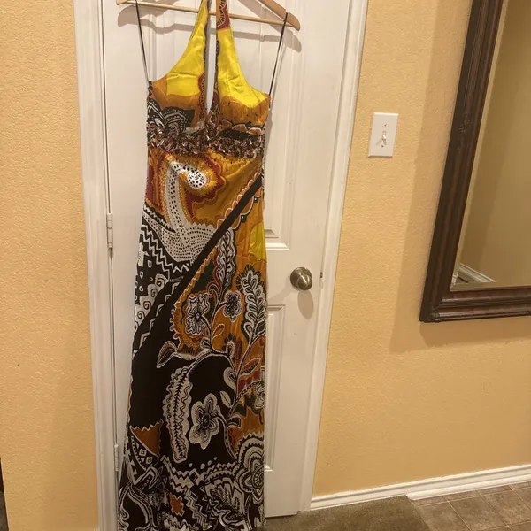 MARY L COUTURE Beads Halter print Dress Sz 10 Yellow Multi 100% SILK - Image 5