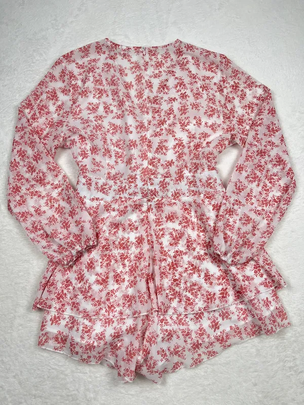 Relipop Pink Floral Deep V-Neck Long Sleeve Ruffle Romper Size XL - Image 5