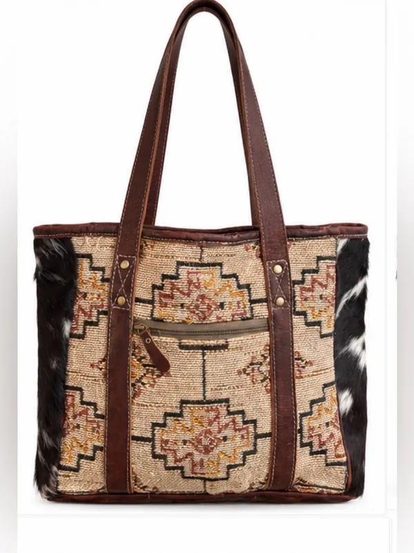 Myra Bag Southwestern Tapestry Hair-On-Hide Leather Tote Bag - Image 2