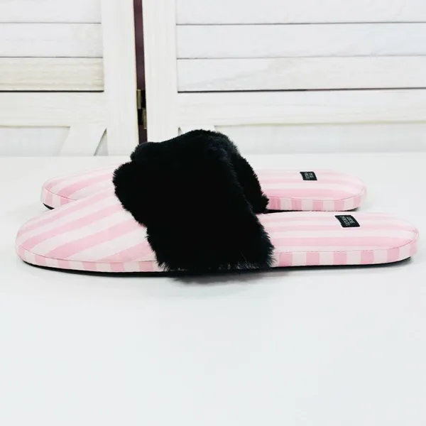 Victoria's Secret Faux Fur Trim Striped Slippers Pink Black‎ Large - Image 2