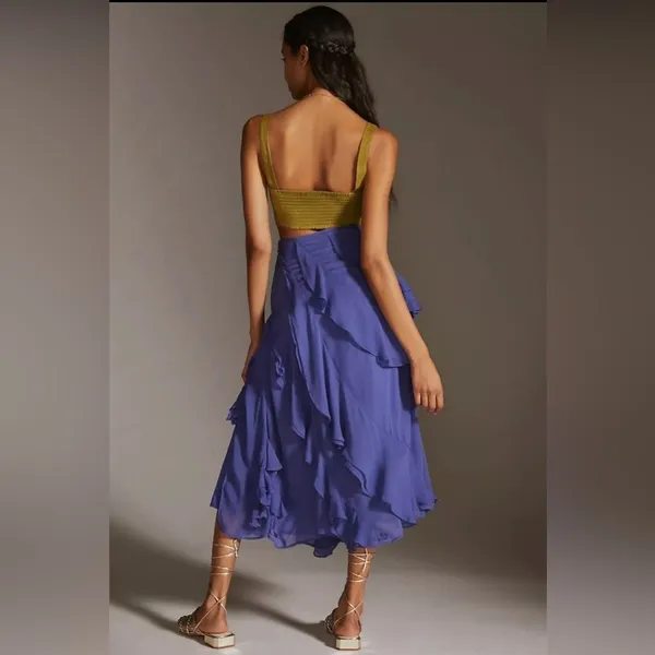 Anthropologie Purple/blue A-Line Ruffle Slit Midi Skirt Size 00 - Image 3