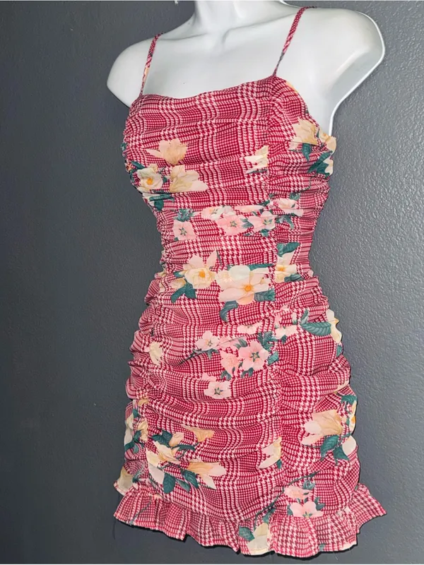 Women's Camellia Fall Red Plaid Floral Ruched Mini Spaghetti Strap Dress Small - Image 2