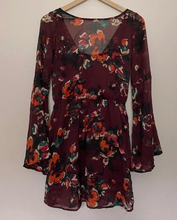 Abercrombie Burgundy Bell Sleeve Sheer Mini Dress - Image 5