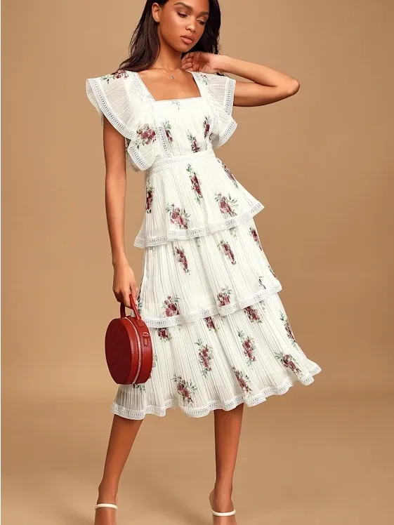 Lulus Thriving Romance White Floral Print Tiered Midi Dress $92 XS Coquette Chic - Image 6
