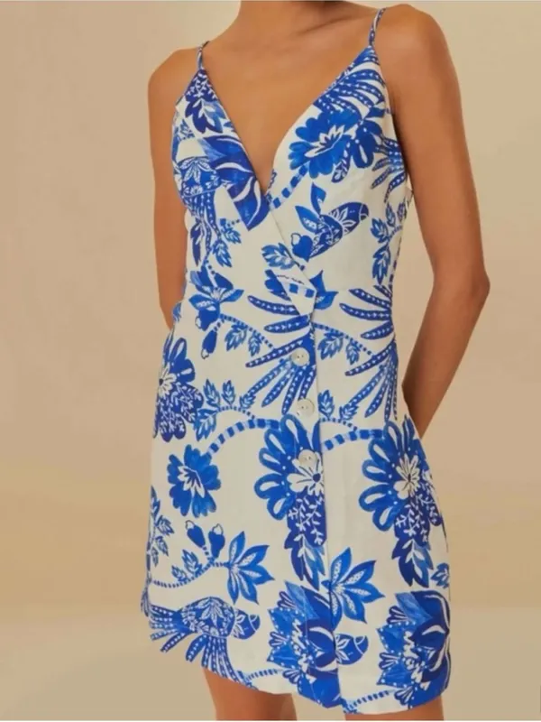 NWT FARM Rio Linen Faux Wrap Floral Birds Dress White Blue Size XS Retail $185 - Image 2