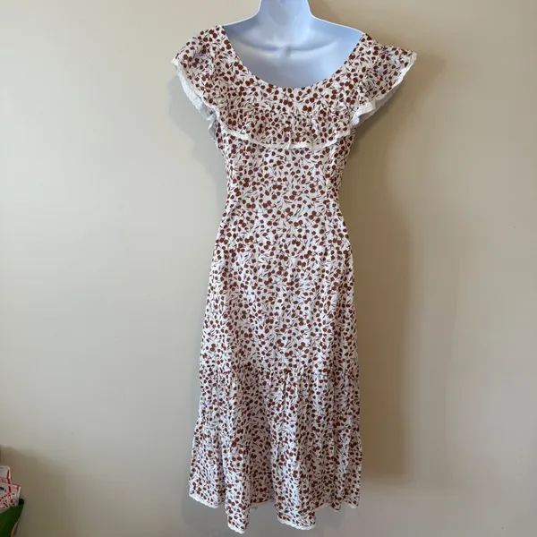 RIXO Floral Midi‎ Dress Cotton Ruffle Neck Tie Waist Cottagecore Women M Tiered - Image 4
