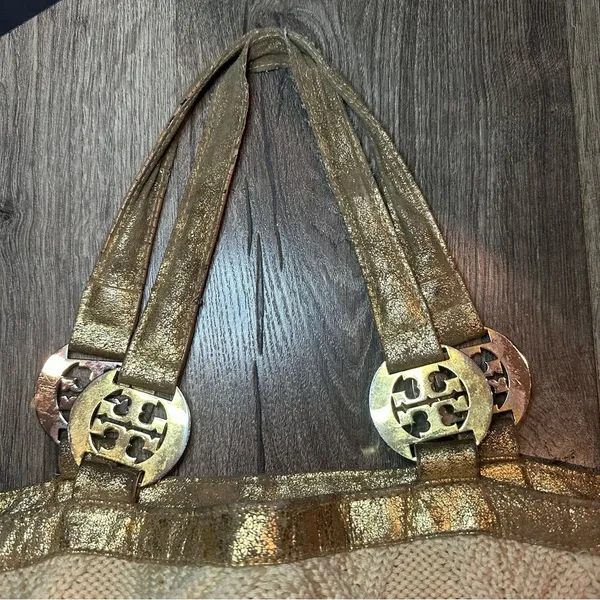TORY BURCH Tote Bag Cable Knit METALLIC GOLD TRIM Wool Silk Lining Horse READ! - Image 9