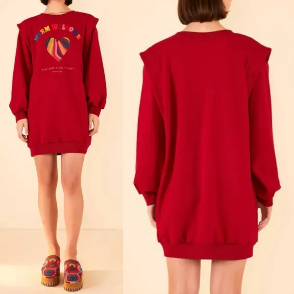 Farm Rio X Anthropologie Warm Welcome Sweatdress Sweatshirt Dress Burgundy Red - Image 4