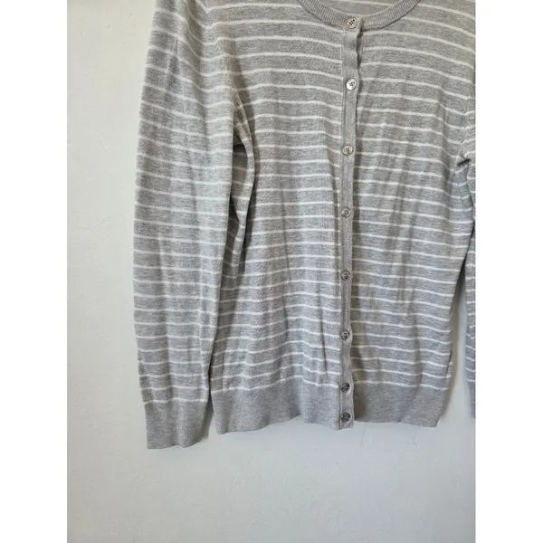 Jones New York Gray Striped Cardigan Sweater Gold Buttons Preppy Old Money M - Image 2