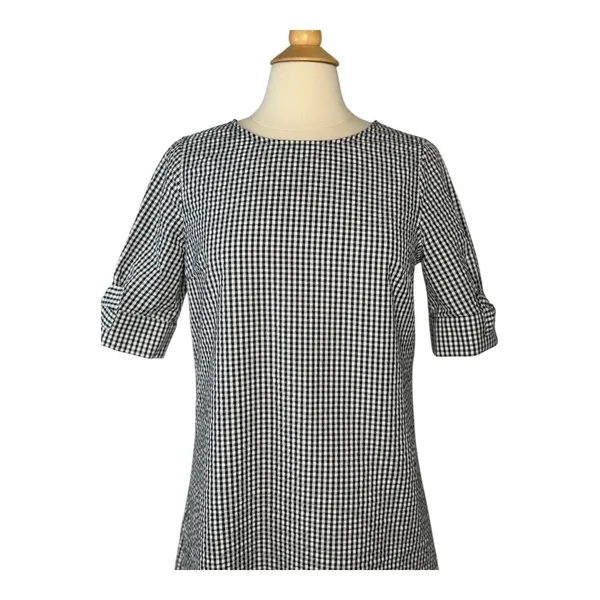 Crown & Ivy Gingham Shift Dress Womens Small‎ Black White Bow Sleeve Tunic Mini - Image 3
