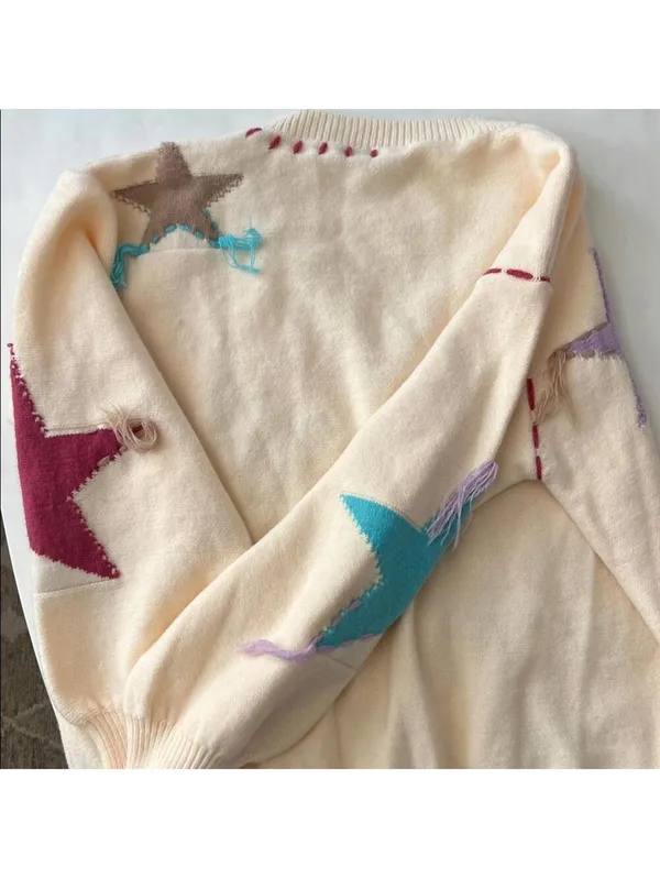 POL Patchwork Star Sweater - Beige V Neck Thick Knit Size Medium - Image 7