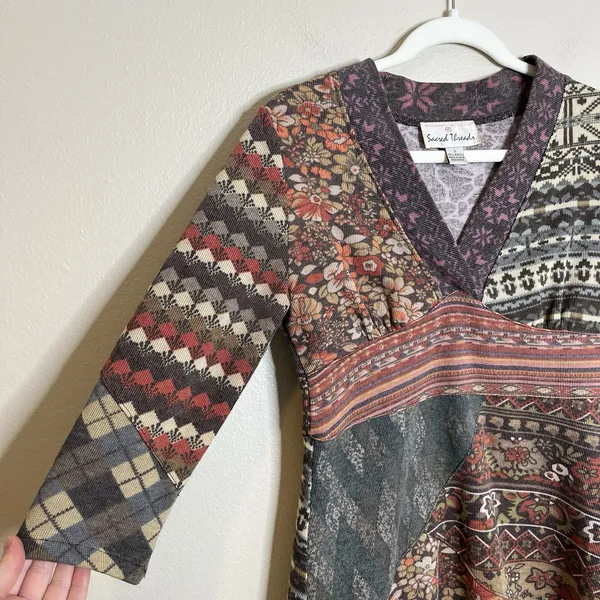 Women Patchwork Micro Dress Tunic Y2K Babydoll Twee‎ S Gilmore Hippie 3/4 Sleeve - Image 2