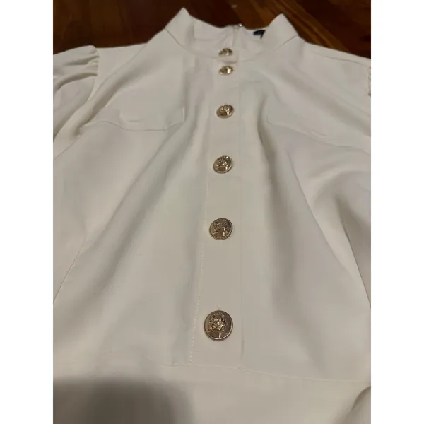 Ann Taylor Womens 12 Cream Crepe Mock Neck‎ Gold Button Belted Puff Sleeve Dress - Image 4