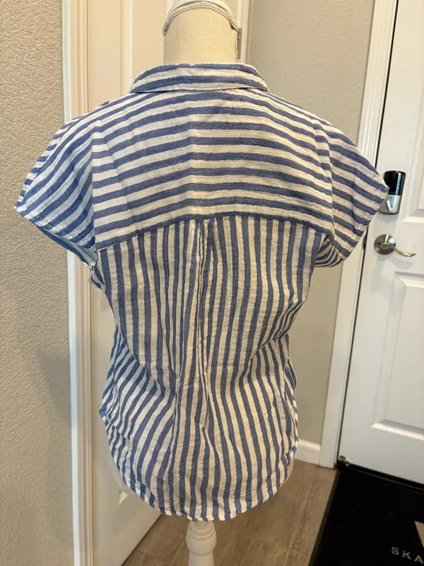 Blue and white striped button down short sleeve 100% cotton - Image 2