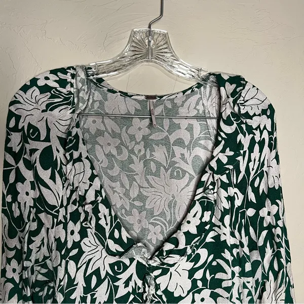 Free People‎ Rebecca Floral Green White Ruffle Tiered Long Sleeve Mini Dress - Image 4