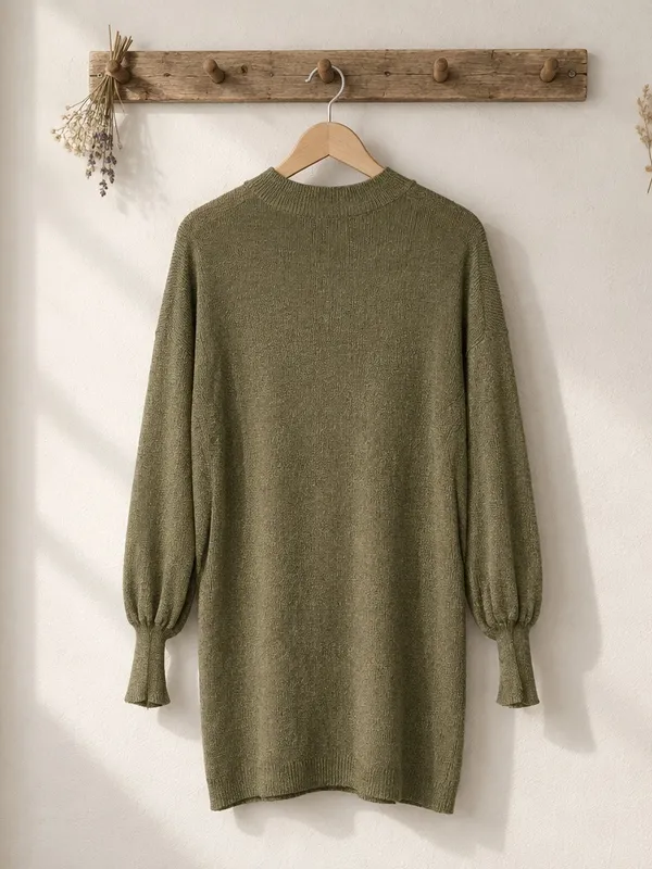 Olive Knit Sweater Mini Dress - Women's Long Sleeve Pullover - Image 4