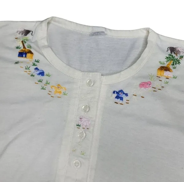 Vintage White Cotton Embroidered Henley Top With tropical Animal embroidery XL - Image 5