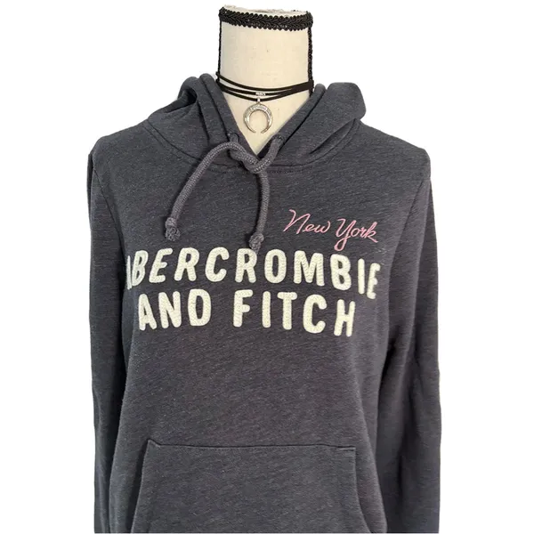 Abercrombie & Fitch New York Logo Hoodie Sweatshirt | Vintage Y2K Gray Medium - Image 2