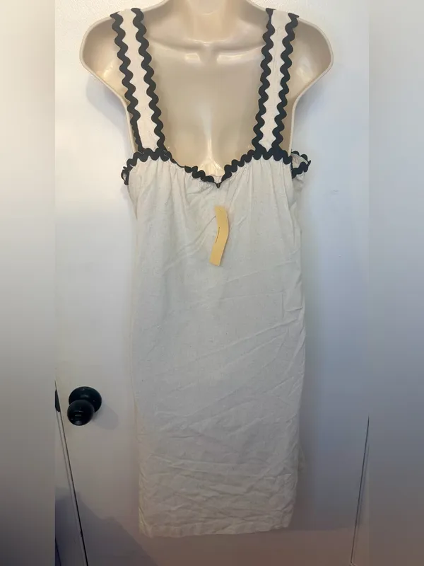 4our Dreamers Size L Cream Linen Blend Dress Black Rickrack Trim Square Neck NWT - Image 7
