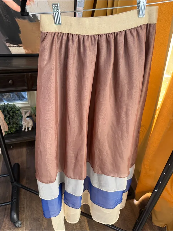 Women's Layered Colorblock Midi Skirt - Mauve, Blue & Cream - Image 2
