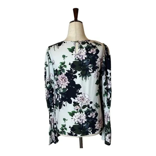 Club Monaco White Floral Print Puff Bell Sleeve Crew‎ Neck Blouse Size S - Image 2