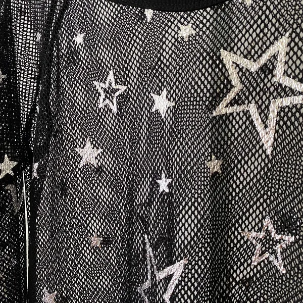 Goth Rave Goth Moody Feminine‎ L Black Mesh Star Print Top Sheer Celestial Rave - Image 4