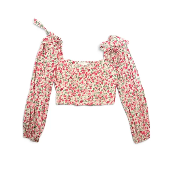 ASTR The Label Floral Sweetheart Crop Top Pink‎ Rose Smocked Back Tie Shoulder M - Image 4